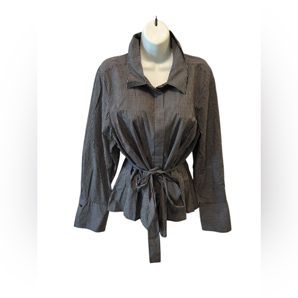 Lane Bryant Small Check Tunic Blouse Sz 22/2X Belted Long Sleeve Black White